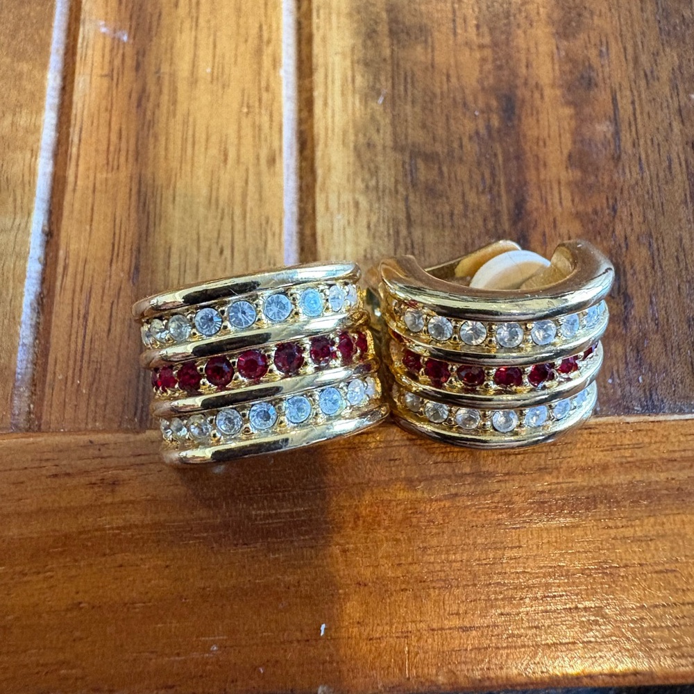 Vintage Swarovski Clip-On Earrings Red & Clear Crystal Stones Wide Half Hoop